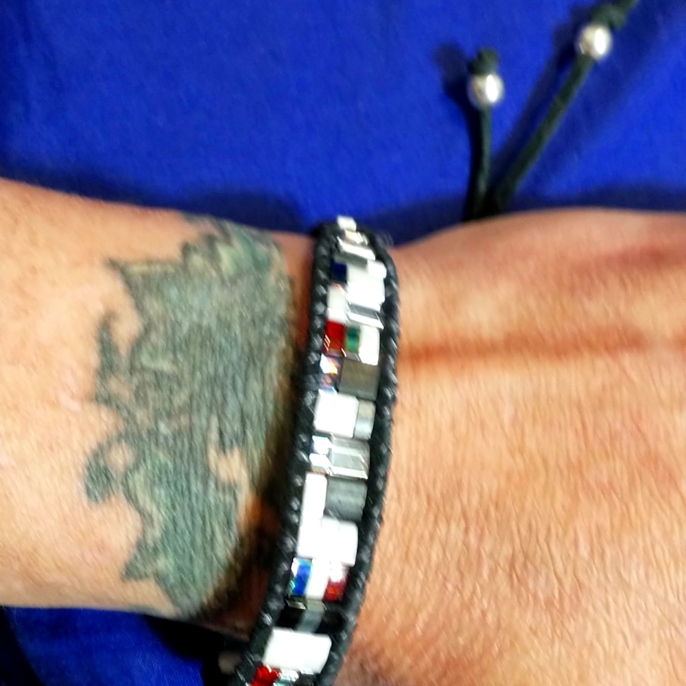 Leather and Glass Tile Beaded Bracelet